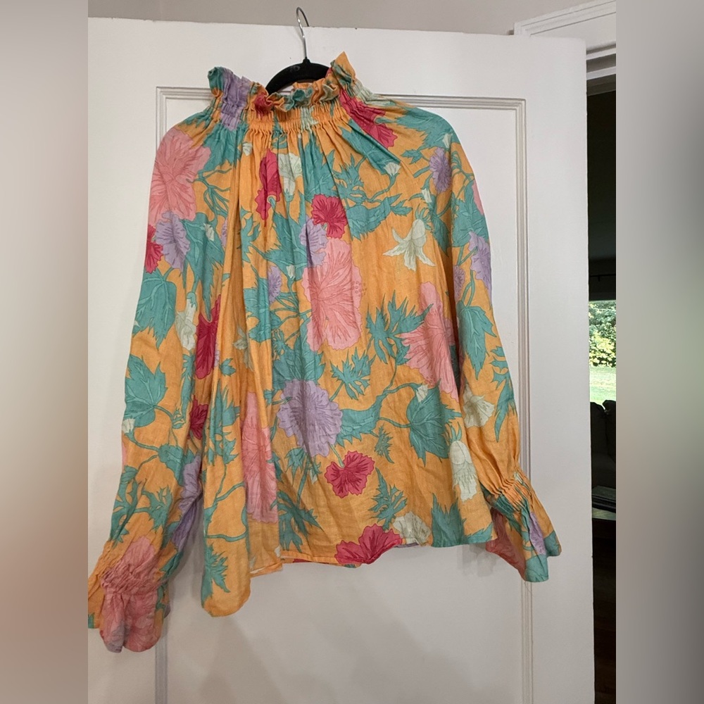 Ephemera tropical floral print linen blouse size 6